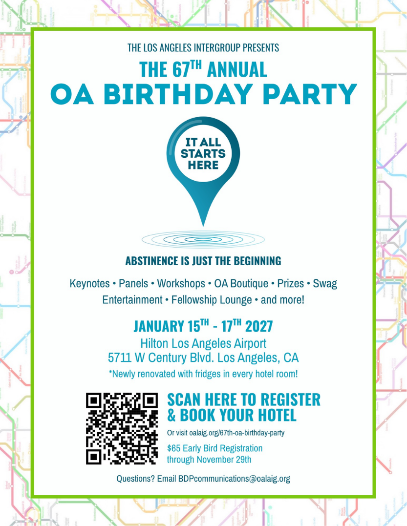 67th Annual OA Birthday Party flyer: January 15–17, 2027, Hilton Los Angeles Airport. Event details and registration link are provided in the surrounding text.